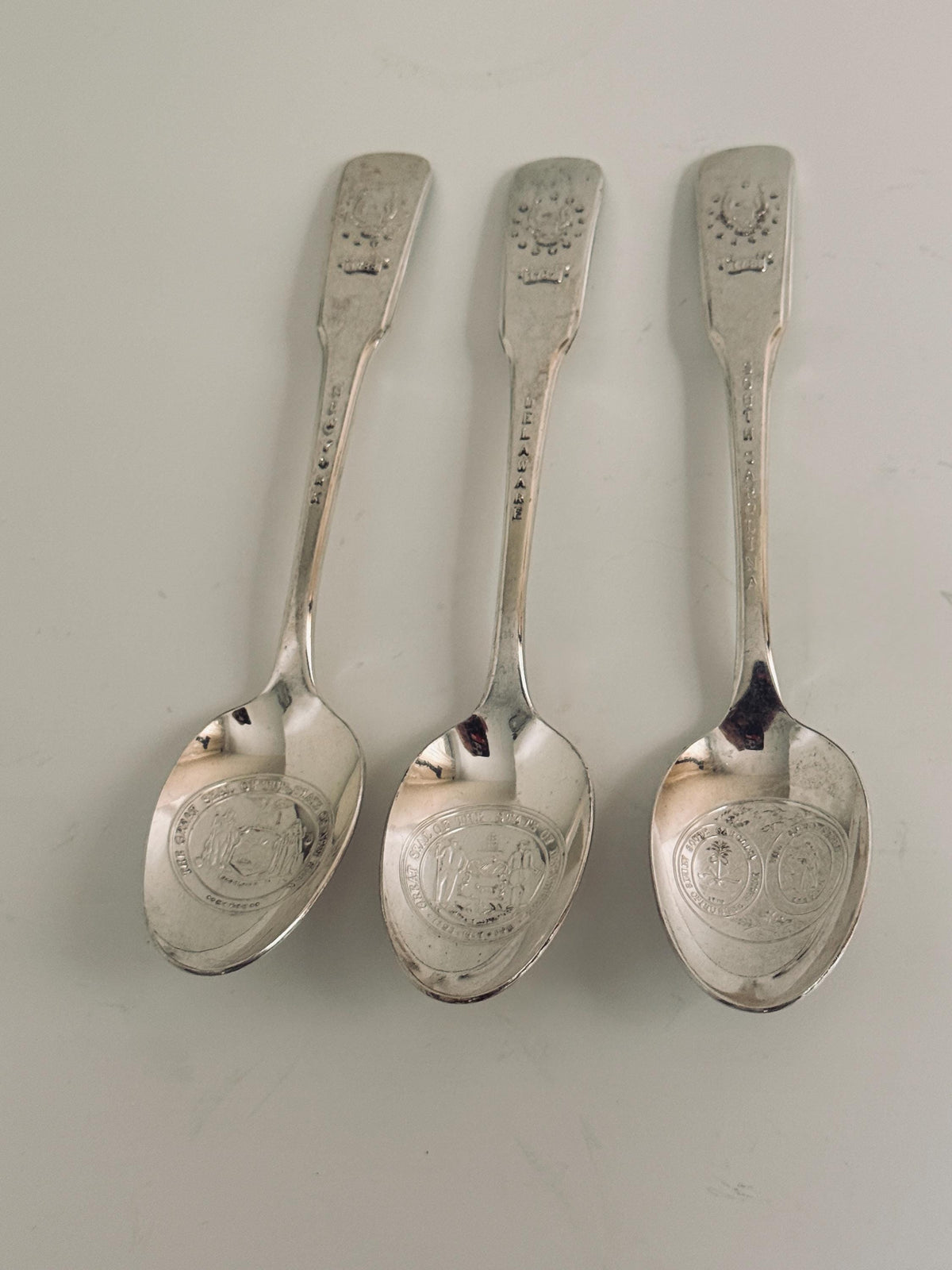 Vintage 13 Colonies Souvenir Spoon Set, Embossed State Seals, Collectible Silverware