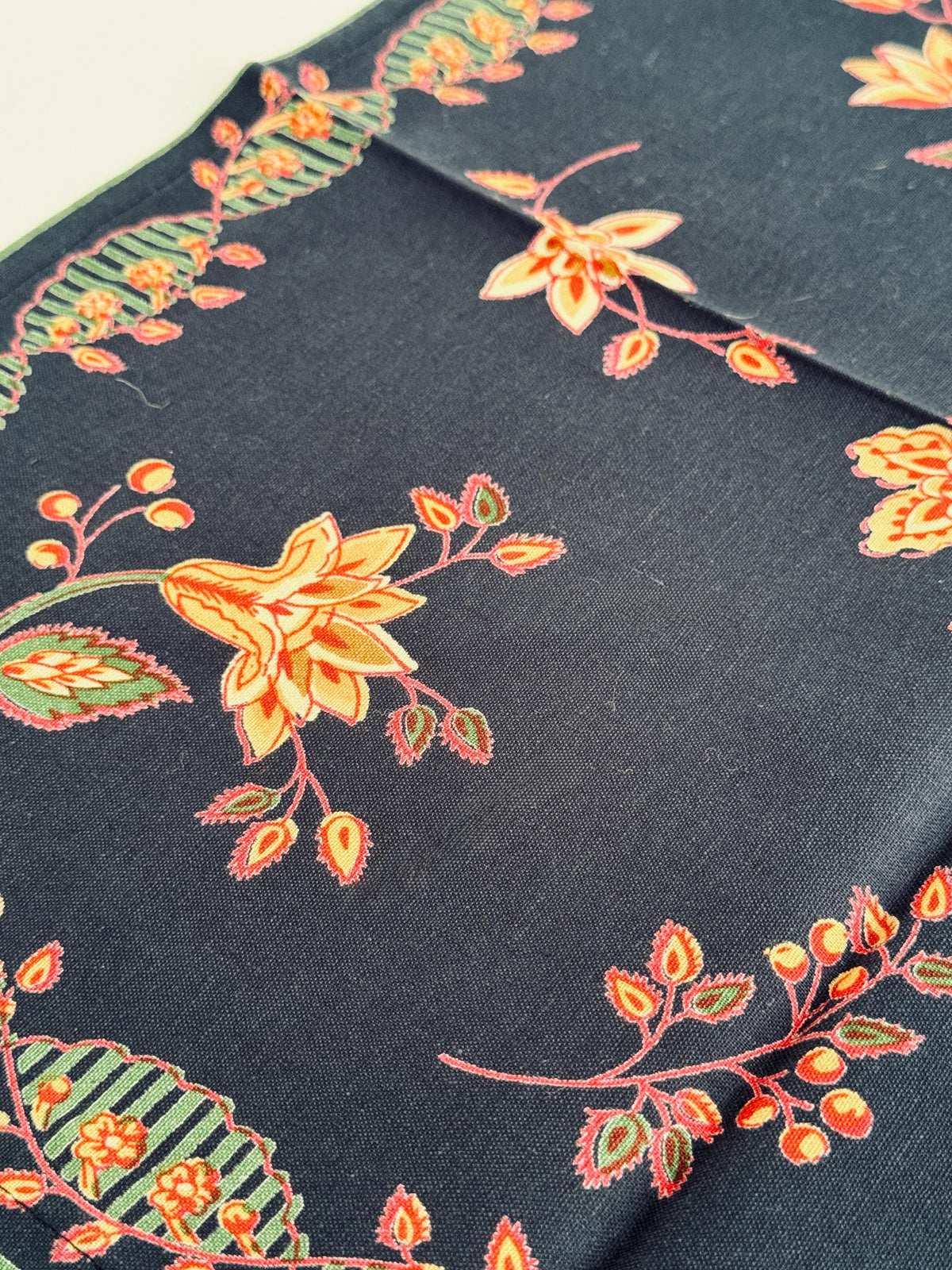 Vintage Floral Cotton Napkins, Navy Orange Green Botanical Table Linens Set of 4