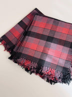 Vintage Plaid Cloth Napkins, Pink Plum and Black Fringed Table Linens, Set of 8