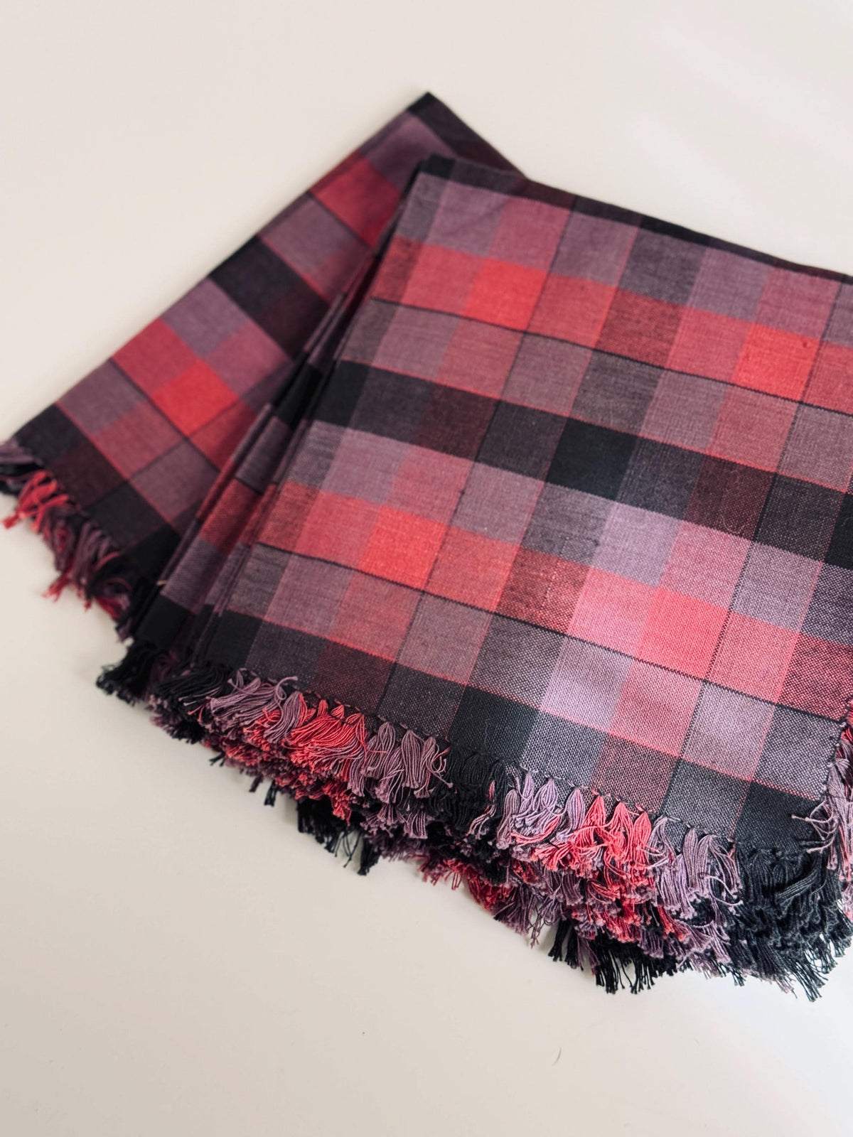 Vintage Plaid Cloth Napkins, Pink Plum and Black Fringed Table Linens, Set of 8