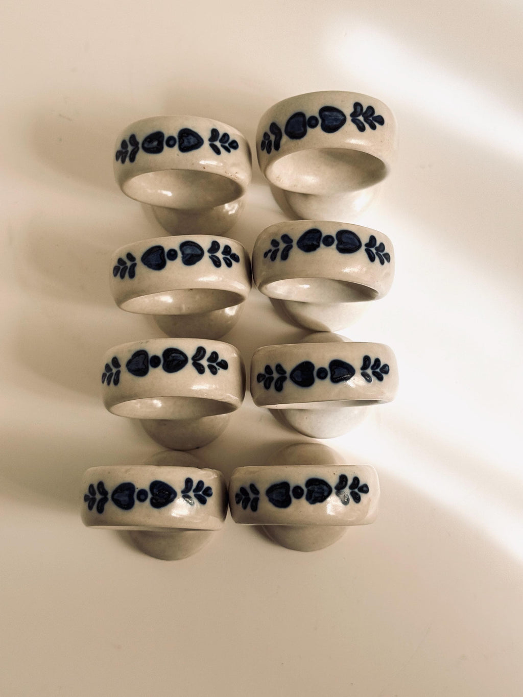 Vintage Blue White Ceramic Napkin Rings, Folk Floral Stoneware Set of 8