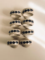Vintage Blue White Ceramic Napkin Rings, Folk Floral Stoneware Set of 8