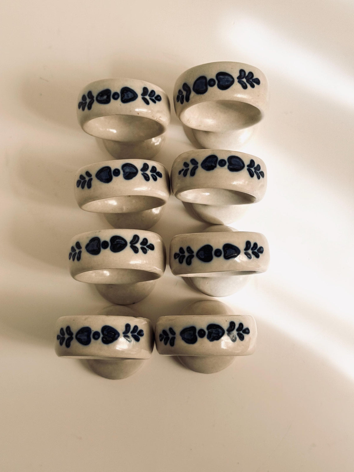 Vintage Blue White Ceramic Napkin Rings, Folk Floral Stoneware Set of 8