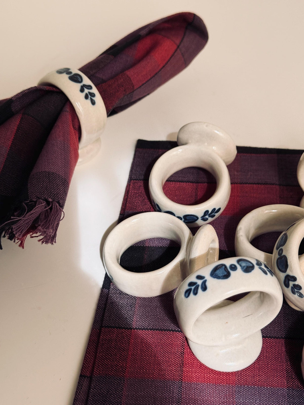 Vintage Blue White Ceramic Napkin Rings, Folk Floral Stoneware Set of 8