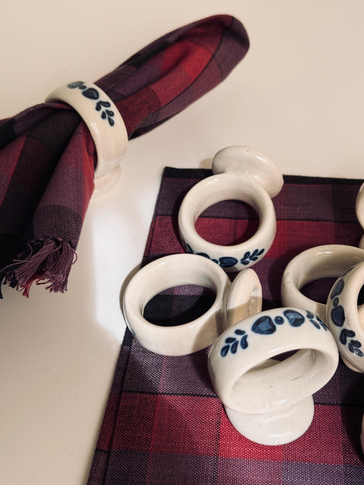 Vintage Blue White Ceramic Napkin Rings, Folk Floral Stoneware Set of 8