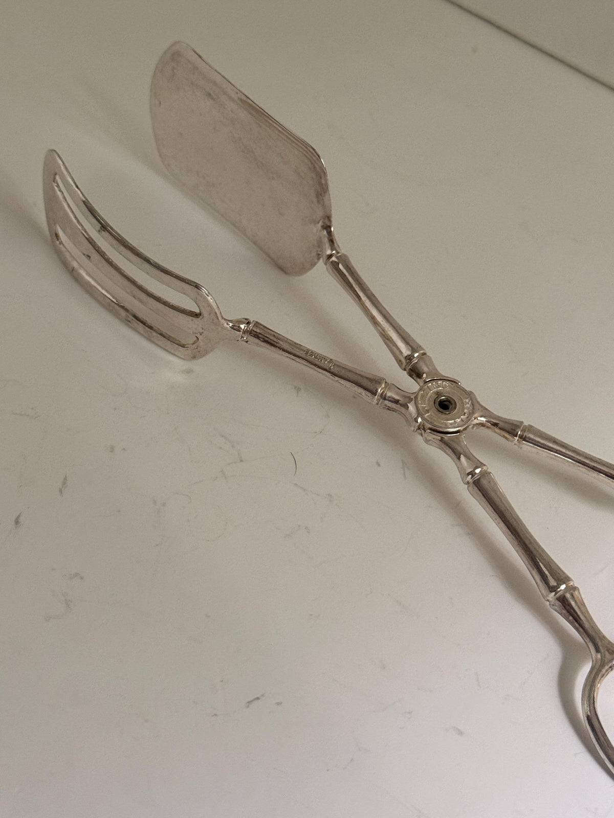 Vintage Silverplate Serving Tongs with Silver Bamboo Handles, Appetizer Tongs, Dessert