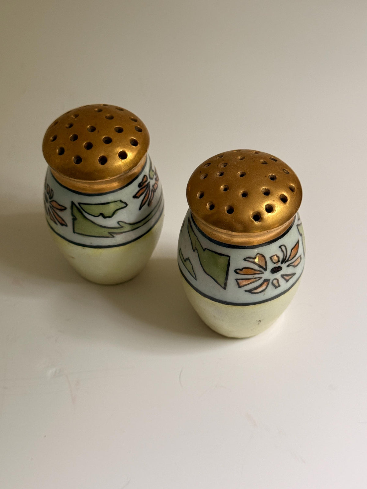 Vintage Hand-Painted Ceramic Salt & Pepper Shakers, Floral Botanical Shaker Set