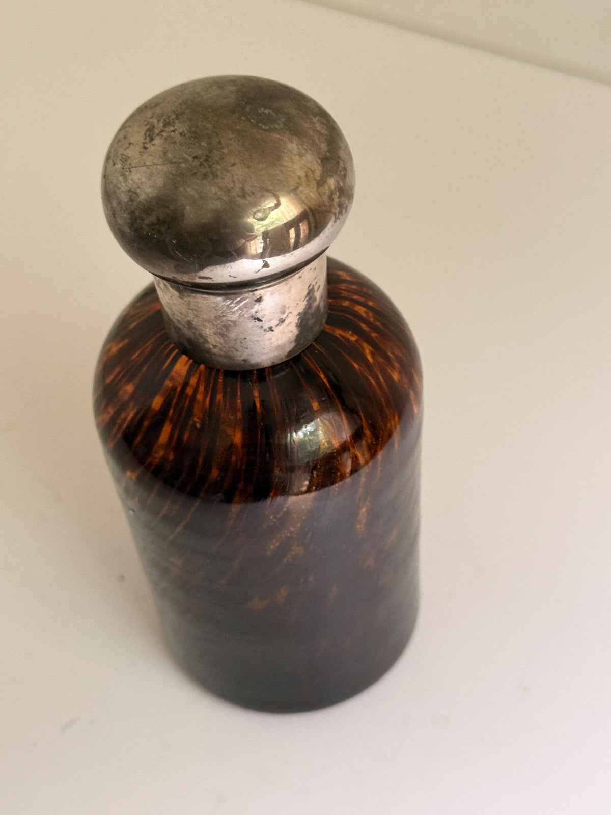Vintage Amber Glass Decanter with Silver-Tone Stopper, Small Barware Bottle