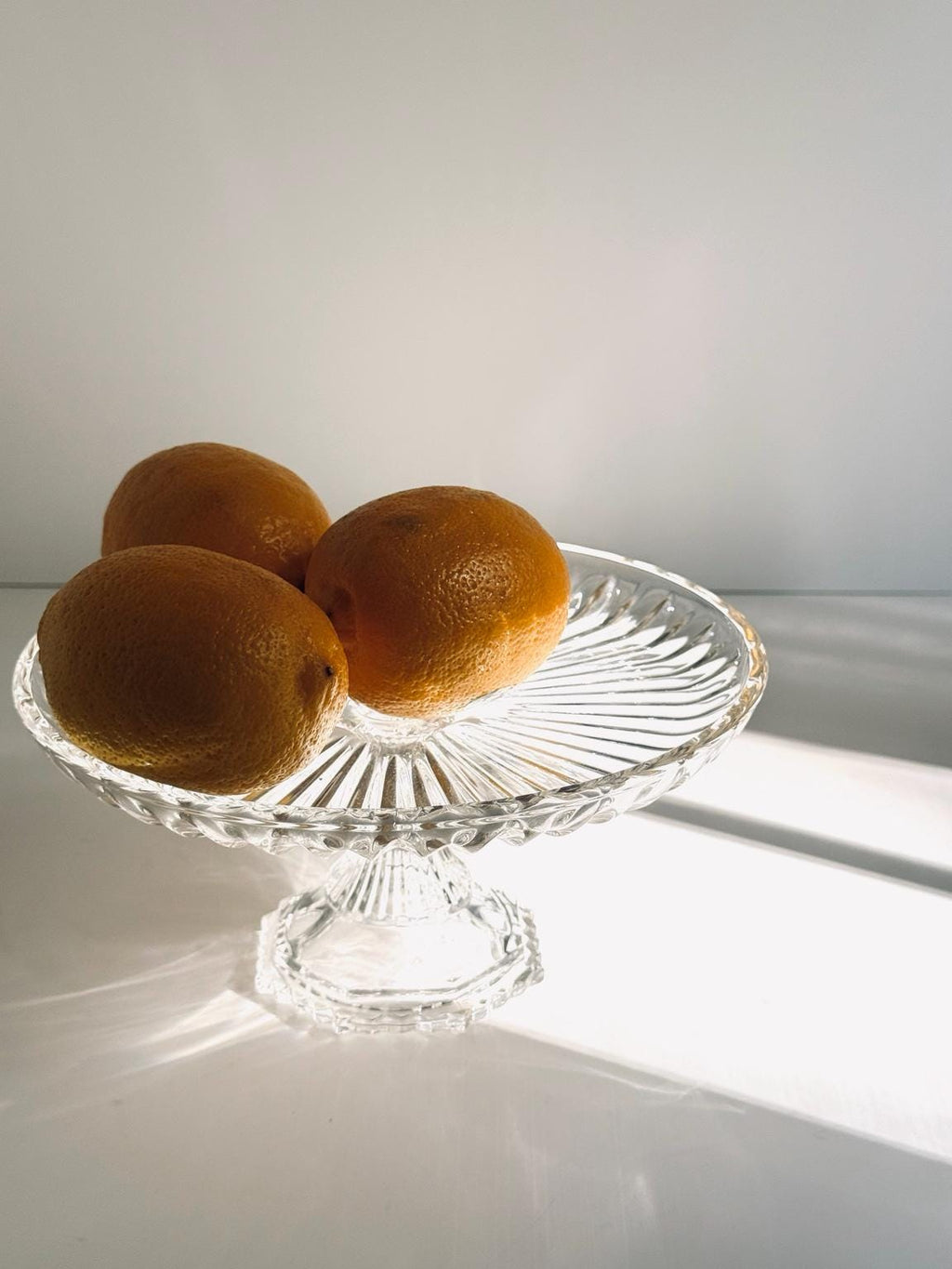 Vintage Made in Japan Glass Pedestal Serving Stand, Ribbed Glass Cake Stand, Fruit Stand