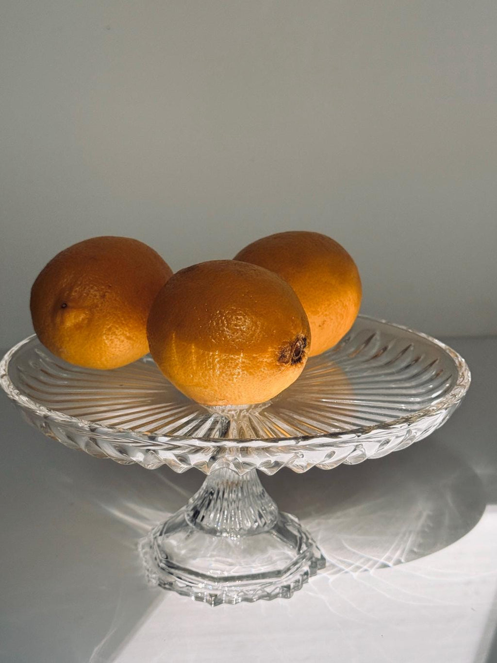 Vintage Made in Japan Glass Pedestal Serving Stand, Ribbed Glass Cake Stand, Fruit Stand