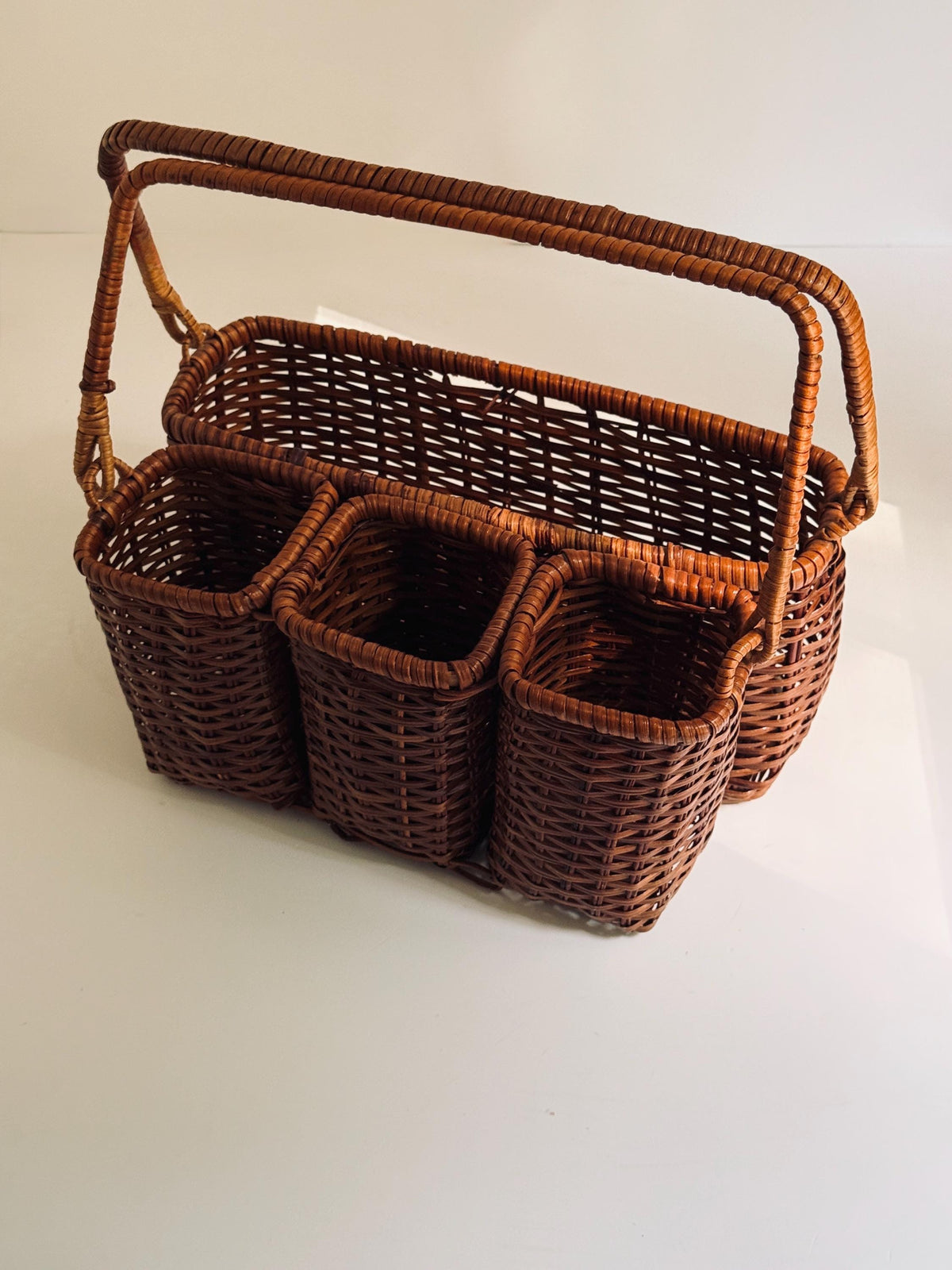 Vintage Rattan Flatware Caddy, Woven Silverware Basket, Utensil Organizer, Entertaining Caddy