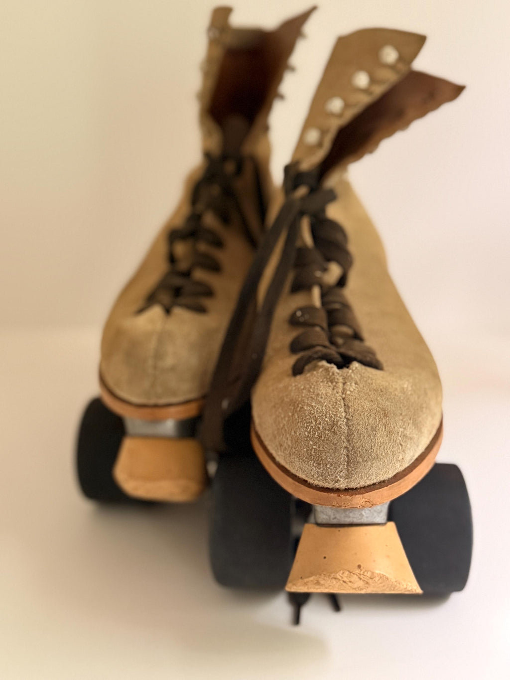 Vintage Norele Suede Roller Skates with Blue Wheels, Retro Roller Skating Decor