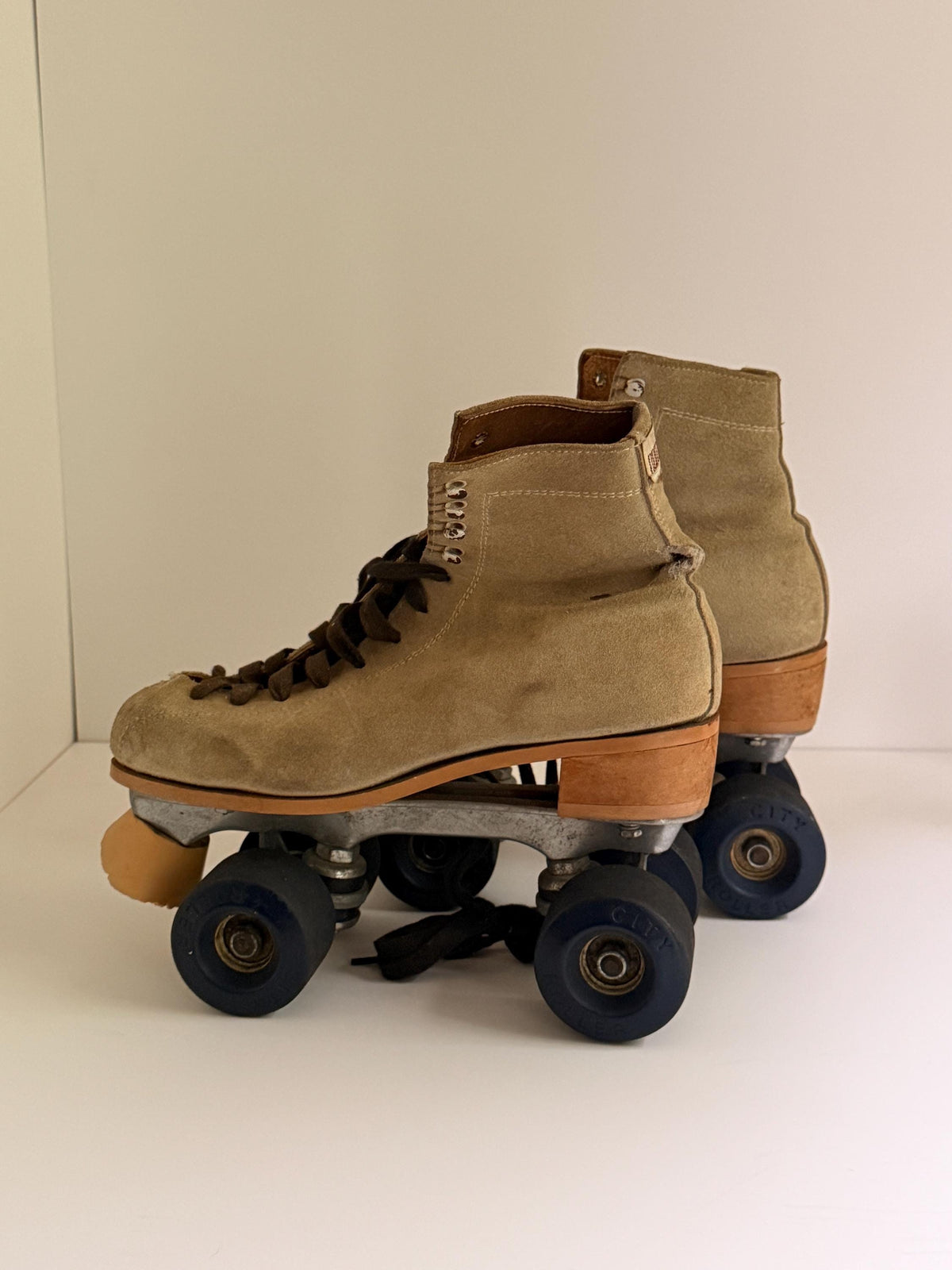 Vintage Norele Suede Roller Skates with Blue Wheels, Retro Roller Skating Decor
