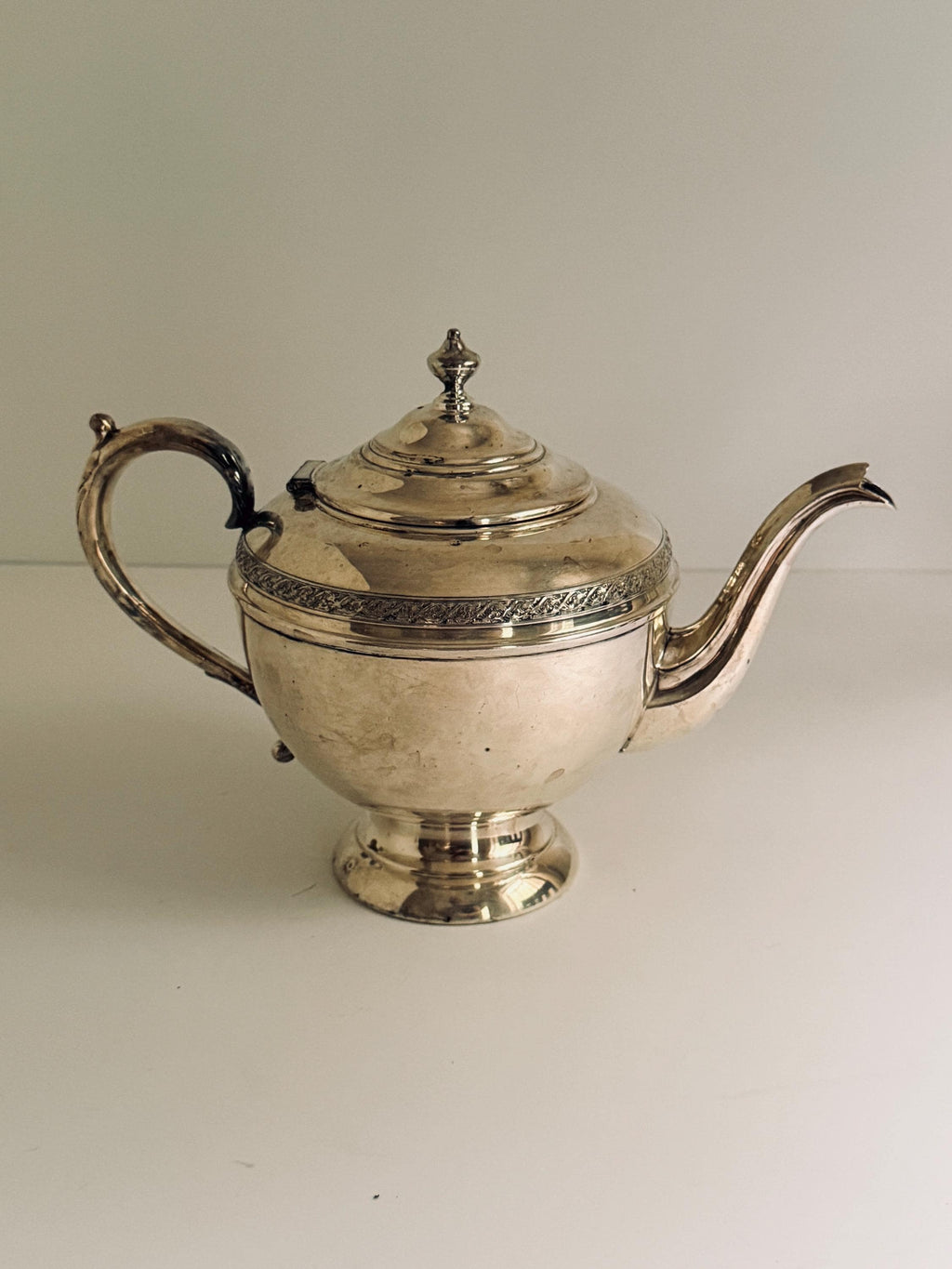 Vintage Silverplate Teapot: Pedestal Base, Decorative Border, Patina Wear