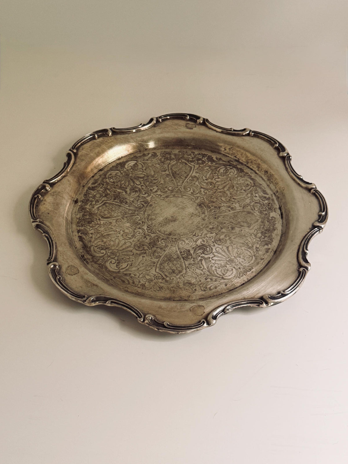 Vintage Engraved Silverplate Serving Tray, Round Floral Platter, Barware & Table Decor