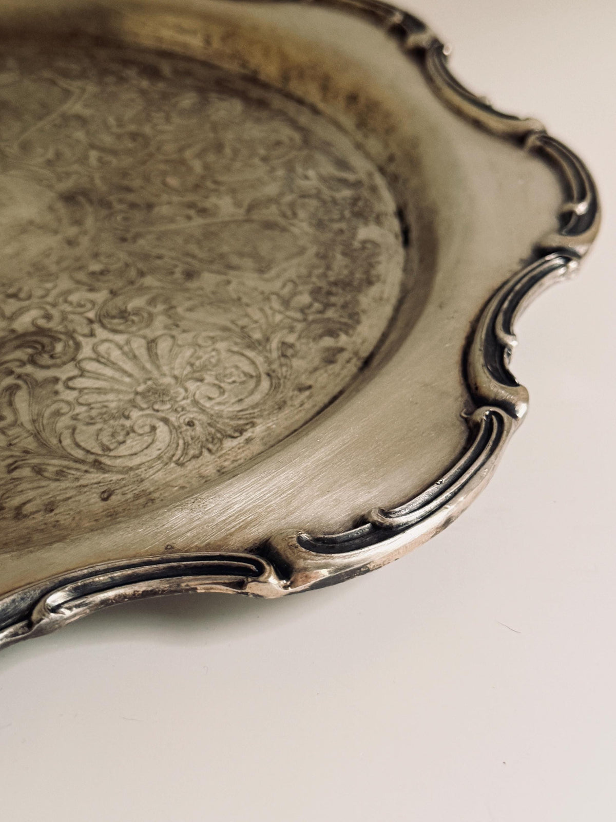 Vintage Engraved Silverplate Serving Tray, Round Floral Platter, Barware & Table Decor