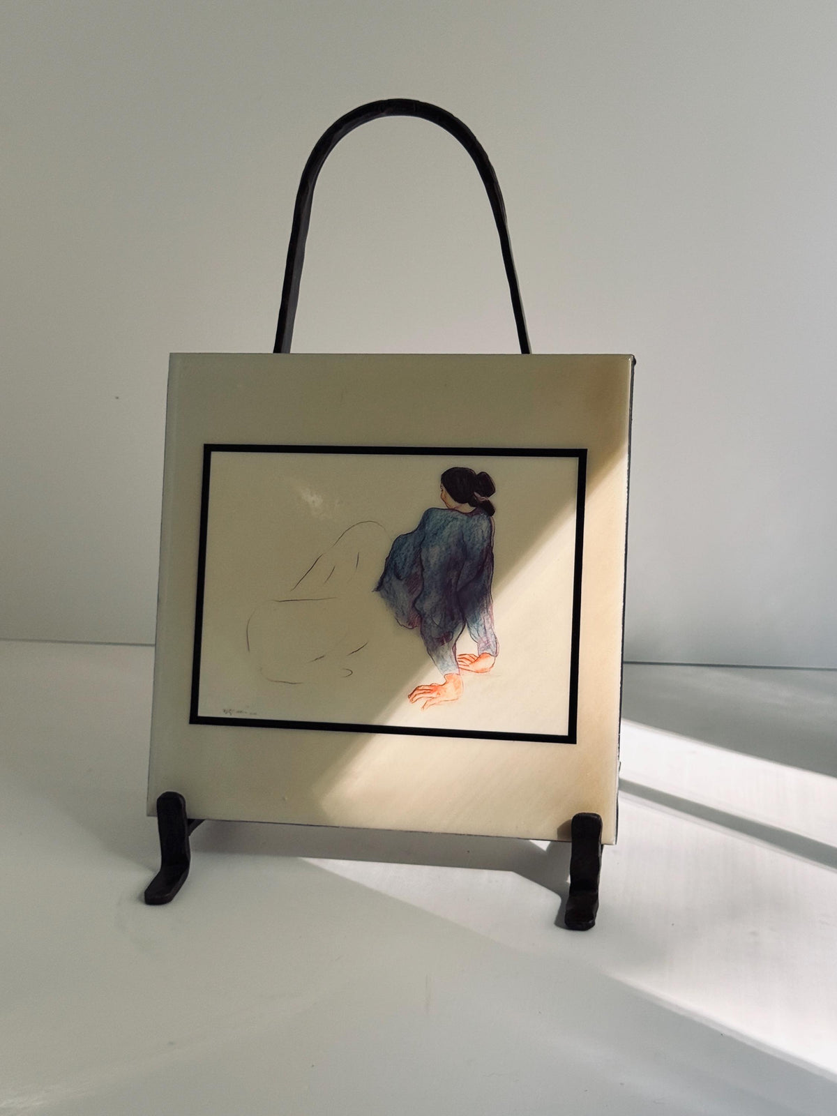 Vintage Monocottura Ceramic Tile Plaque, R.C. Gorman Signed Figurative Art (7-3/4" x 7-3/4")