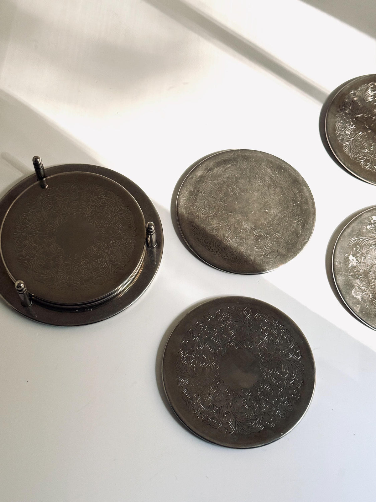 Vintage Silver-Tone Coaster Set with Holder, Engraved Floral Drink Coasters