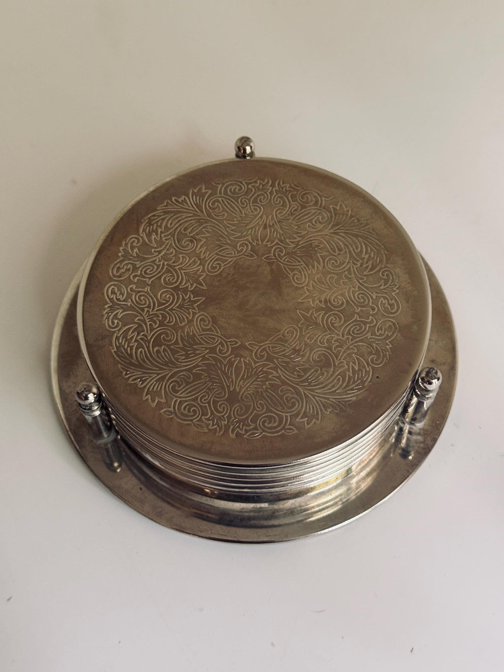 Vintage Silver-Tone Coaster Set with Holder, Engraved Floral Drink Coasters
