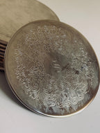 Vintage Silver-Tone Coaster Set with Holder, Engraved Floral Drink Coasters
