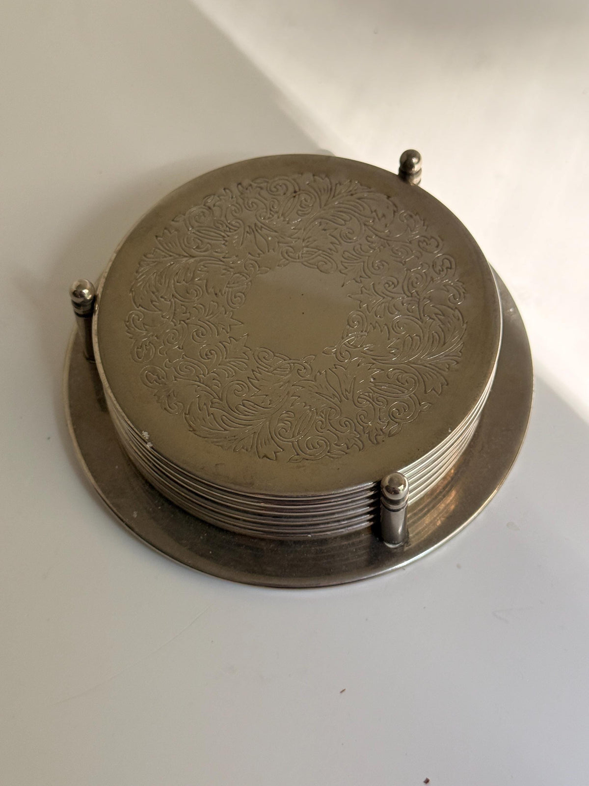 Vintage Silver-Tone Coaster Set with Holder, Engraved Floral Drink Coasters
