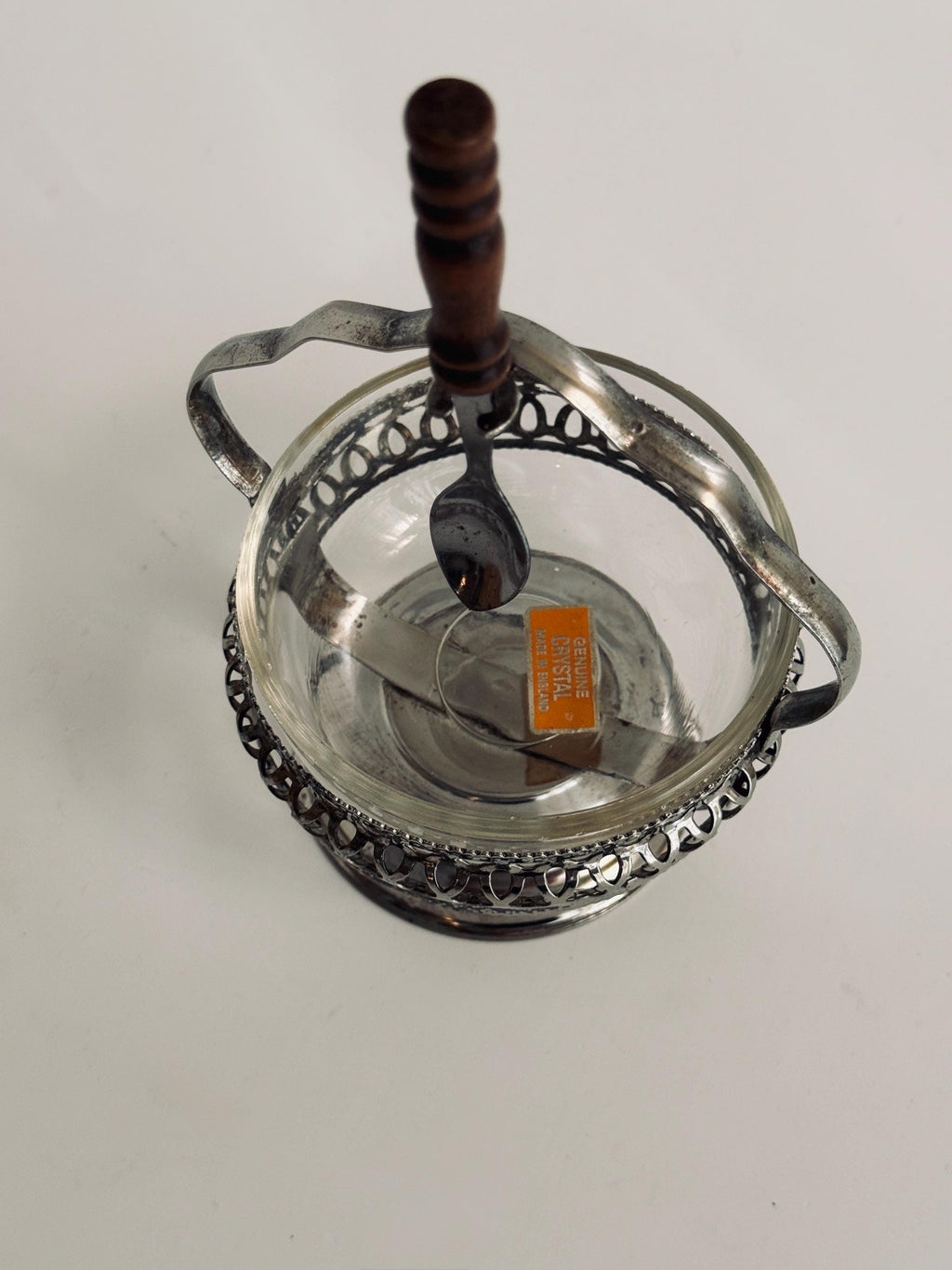Vintage English Crystal Sauce Caddy with Spoon, Silverplate Condiment Server, Glass Mustard Pot, Made in England