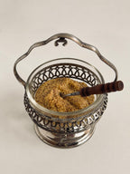 Vintage English Crystal Sauce Caddy with Spoon, Silverplate Condiment Server, Glass Mustard Pot, Made in England