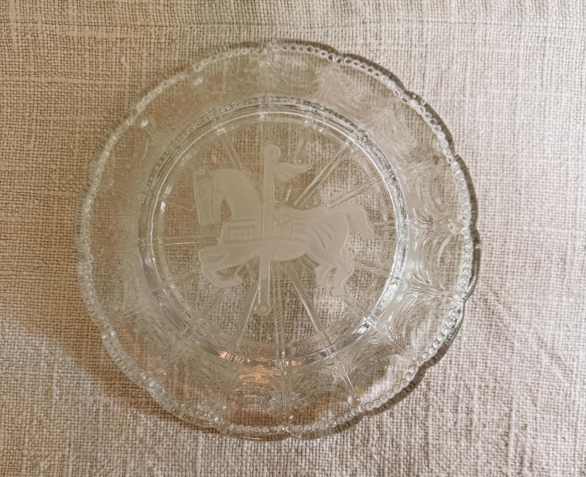 Vintage Pressed Glass Carousel Horse Plate, Scalloped Edge, Equestrian Decor
