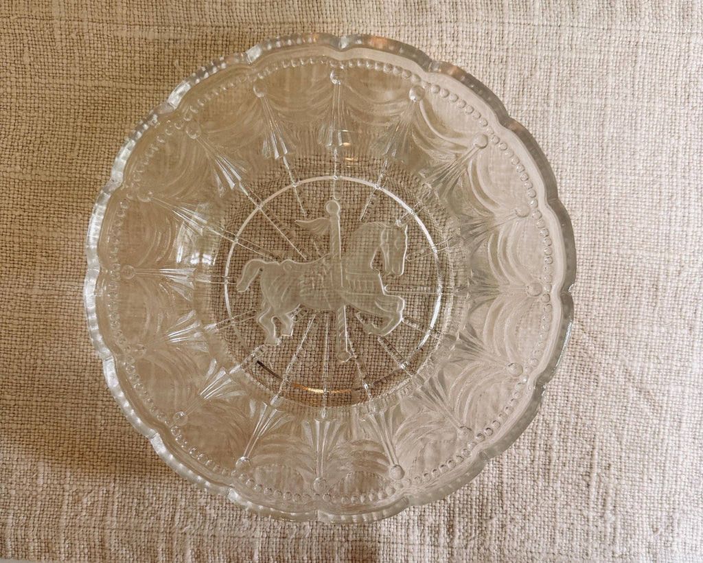 Vintage Pressed Glass Carousel Horse Plate, Scalloped Edge, Equestrian Decor