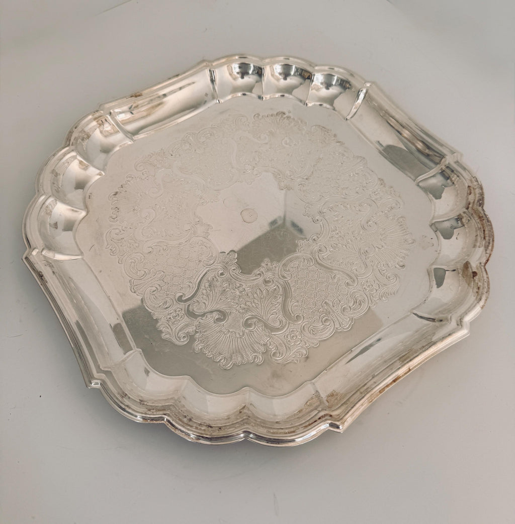 Vintage Silverplate Serving Tray, Square Scalloped Tray, Ornate Floral Silver Serving Platter, 11.5 Inch