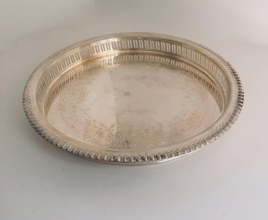 Vintage Webster Wilcox Silverplate Gallery Tray, 12.5” Round Pierced Serving Tray, Engraved Floral Cocktail Tray