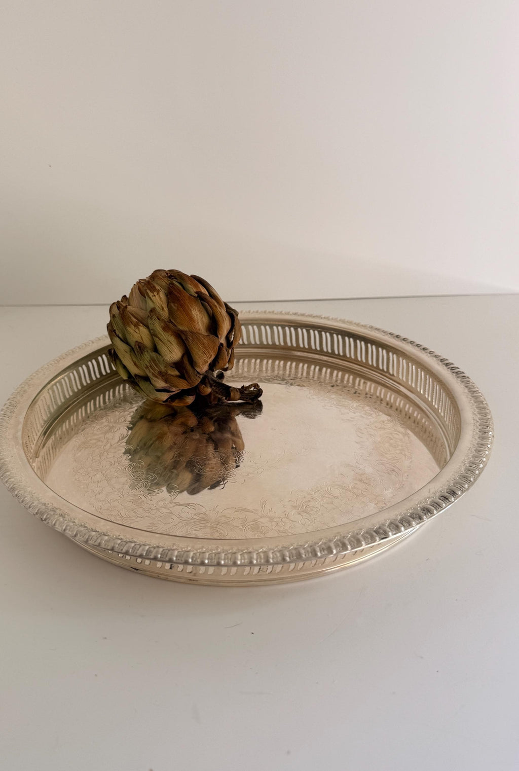 Vintage Webster Wilcox Silverplate Gallery Tray, 12.5” Round Pierced Serving Tray, Engraved Floral Cocktail Tray