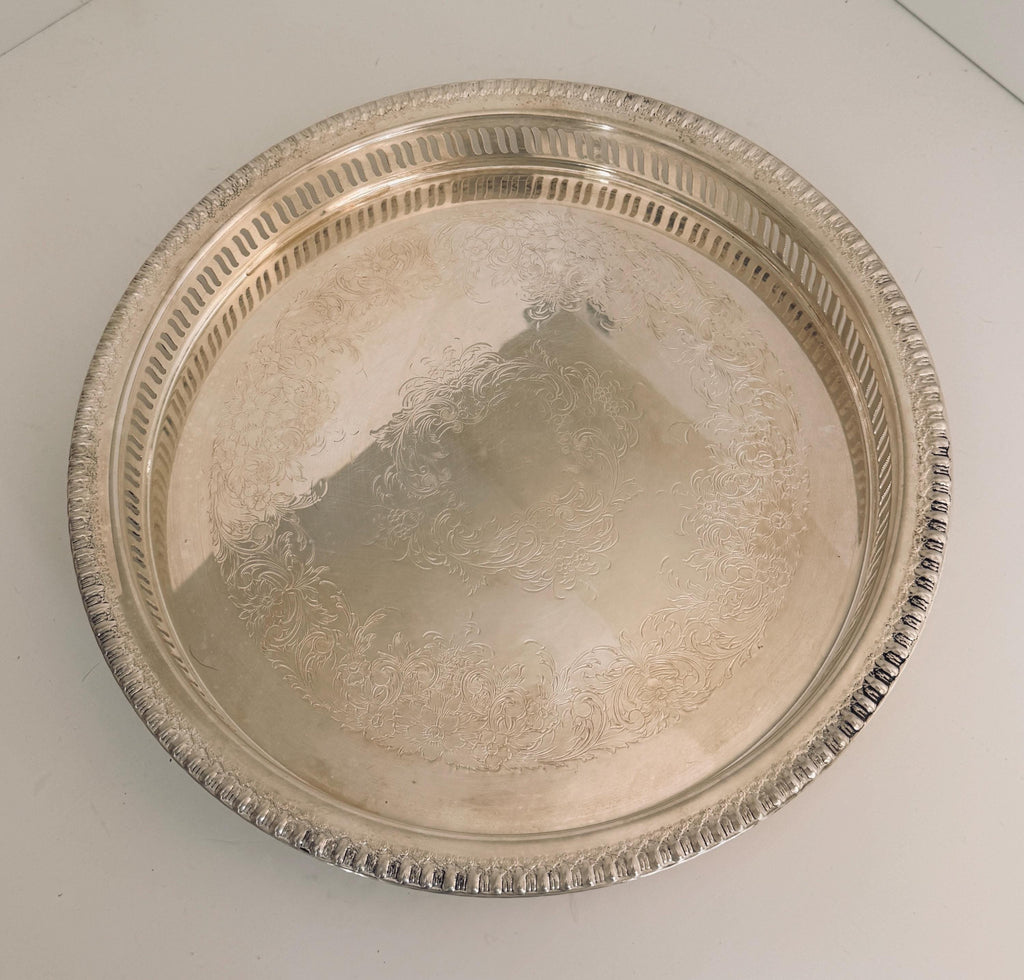 Vintage Webster Wilcox Silverplate Gallery Tray, 12.5” Round Pierced Serving Tray, Engraved Floral Cocktail Tray