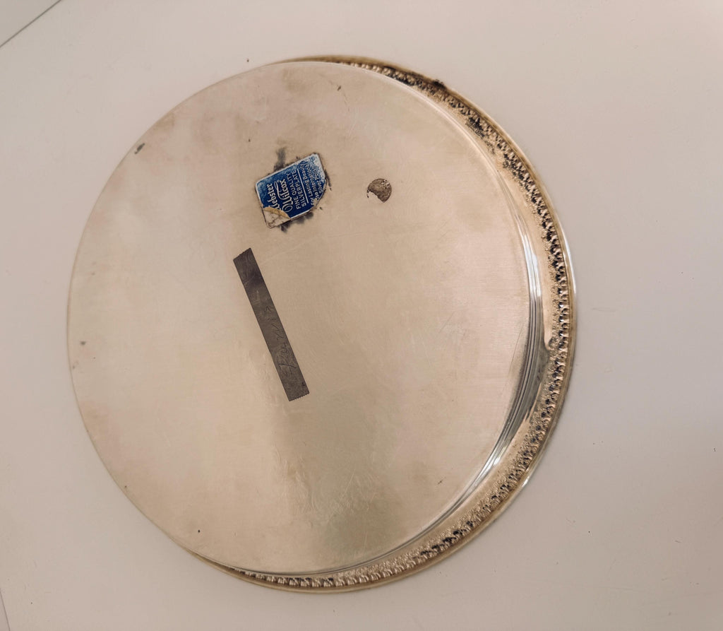 Vintage Webster Wilcox Silverplate Gallery Tray, 12.5” Round Pierced Serving Tray, Engraved Floral Cocktail Tray