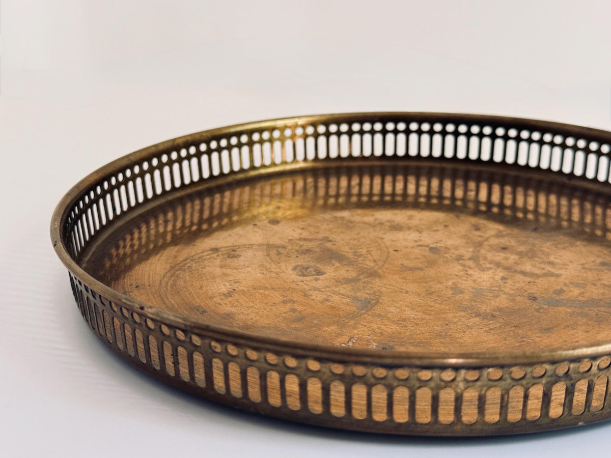 Vintage Brass Gallery Tray, Pierced Rim, Aged Patina (9.5" Diameter)
