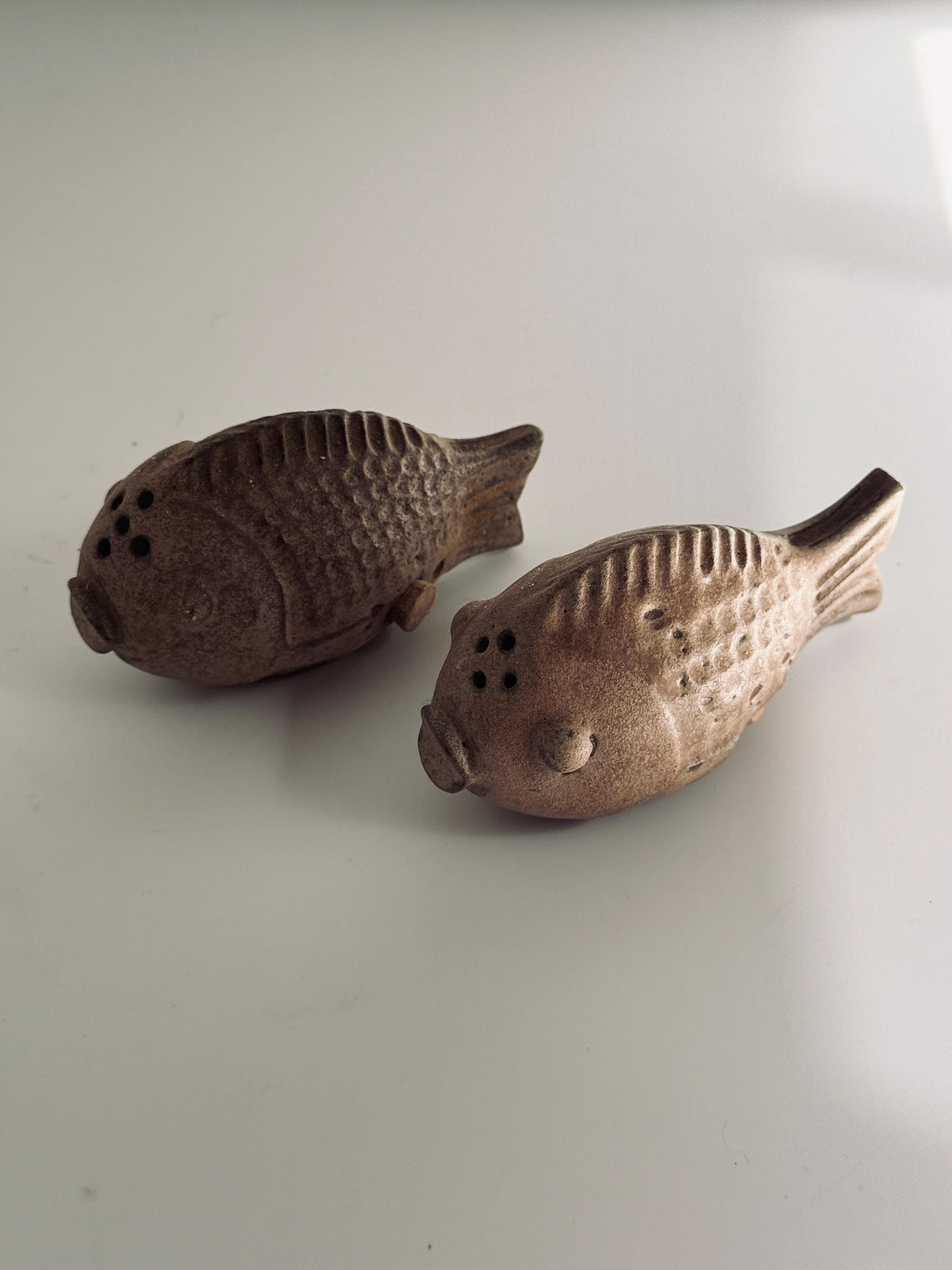 Vintage Clay Fish Salt and Pepper Shakers, Rustic Coastal Table Decor