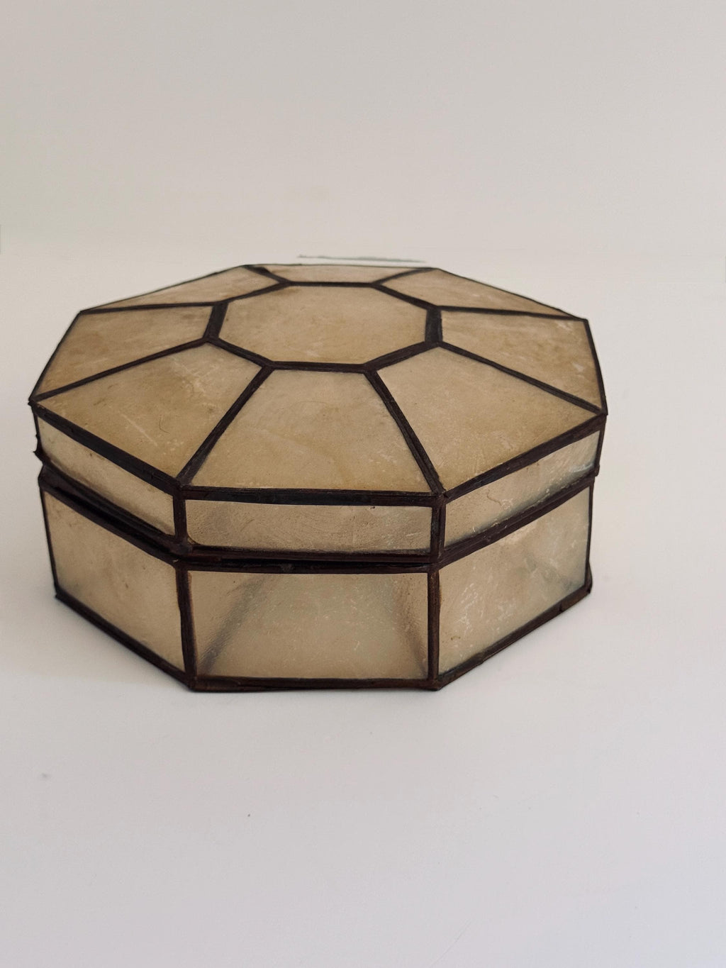 Vintage Capiz Shell Octagonal Box, Brass Frame, Geometric Jewelry Trinket Box