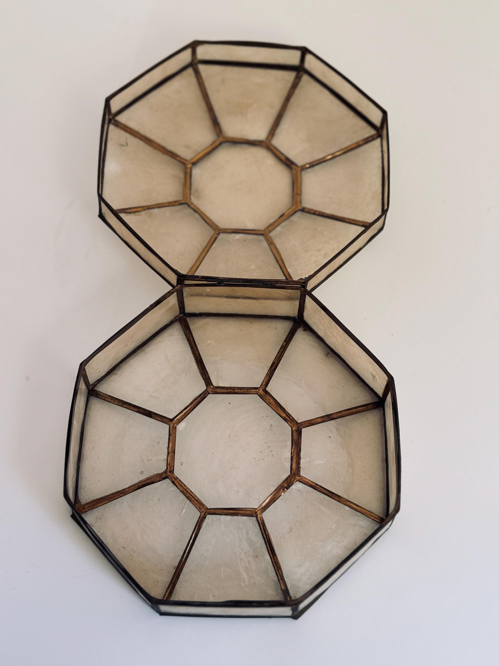 Vintage Capiz Shell Octagonal Box, Brass Frame, Geometric Jewelry Trinket Box