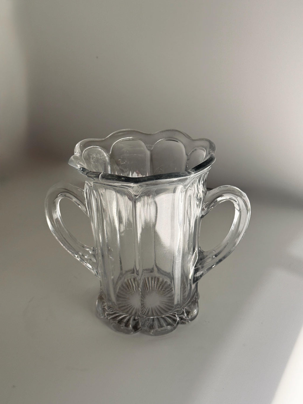 Vintage Clear Glass Loving Cup Vase, Double Handle, Scalloped Rim, Sunburst Base