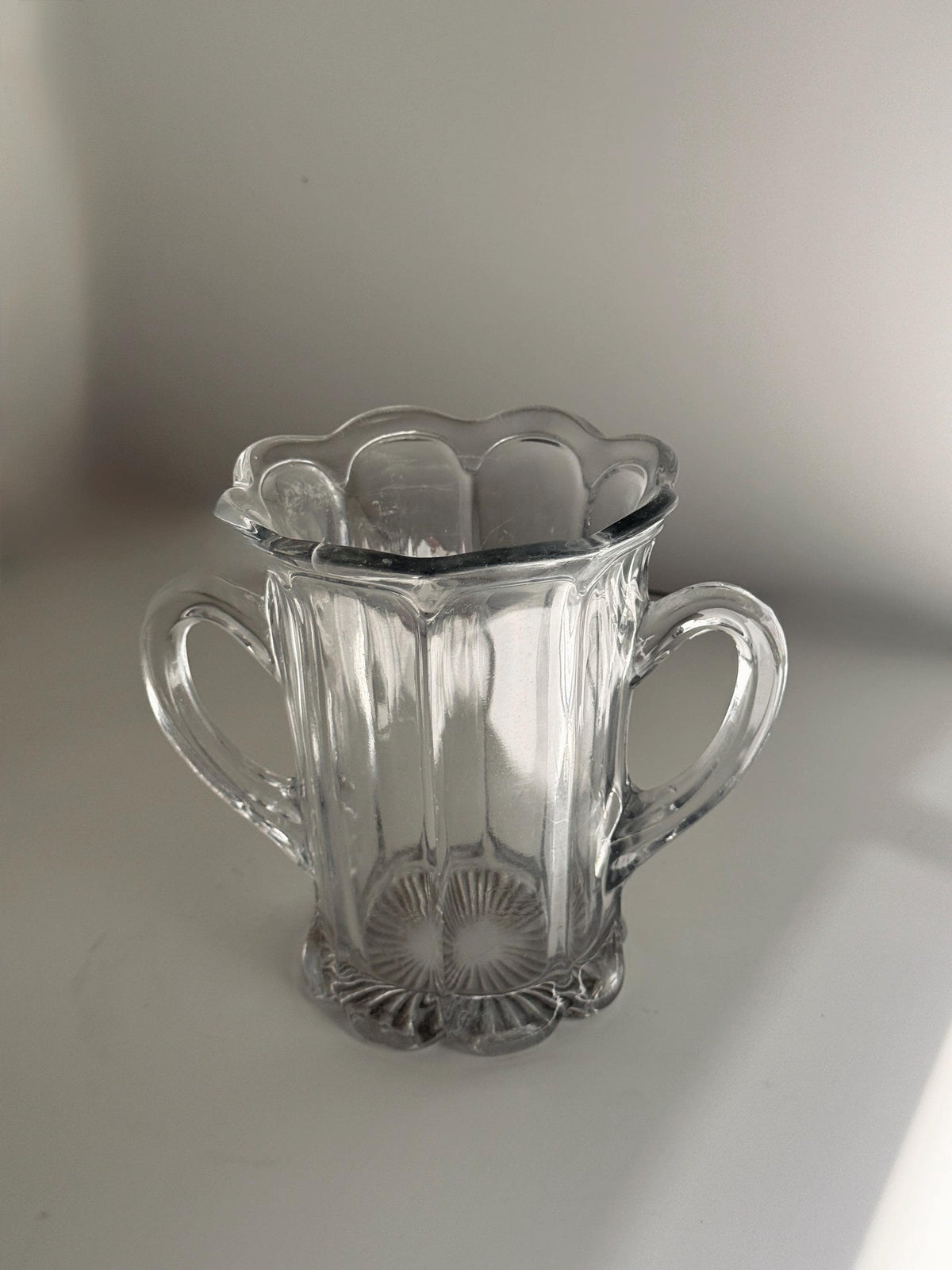 Vintage Clear Glass Loving Cup Vase, Double Handle, Scalloped Rim, Sunburst Base
