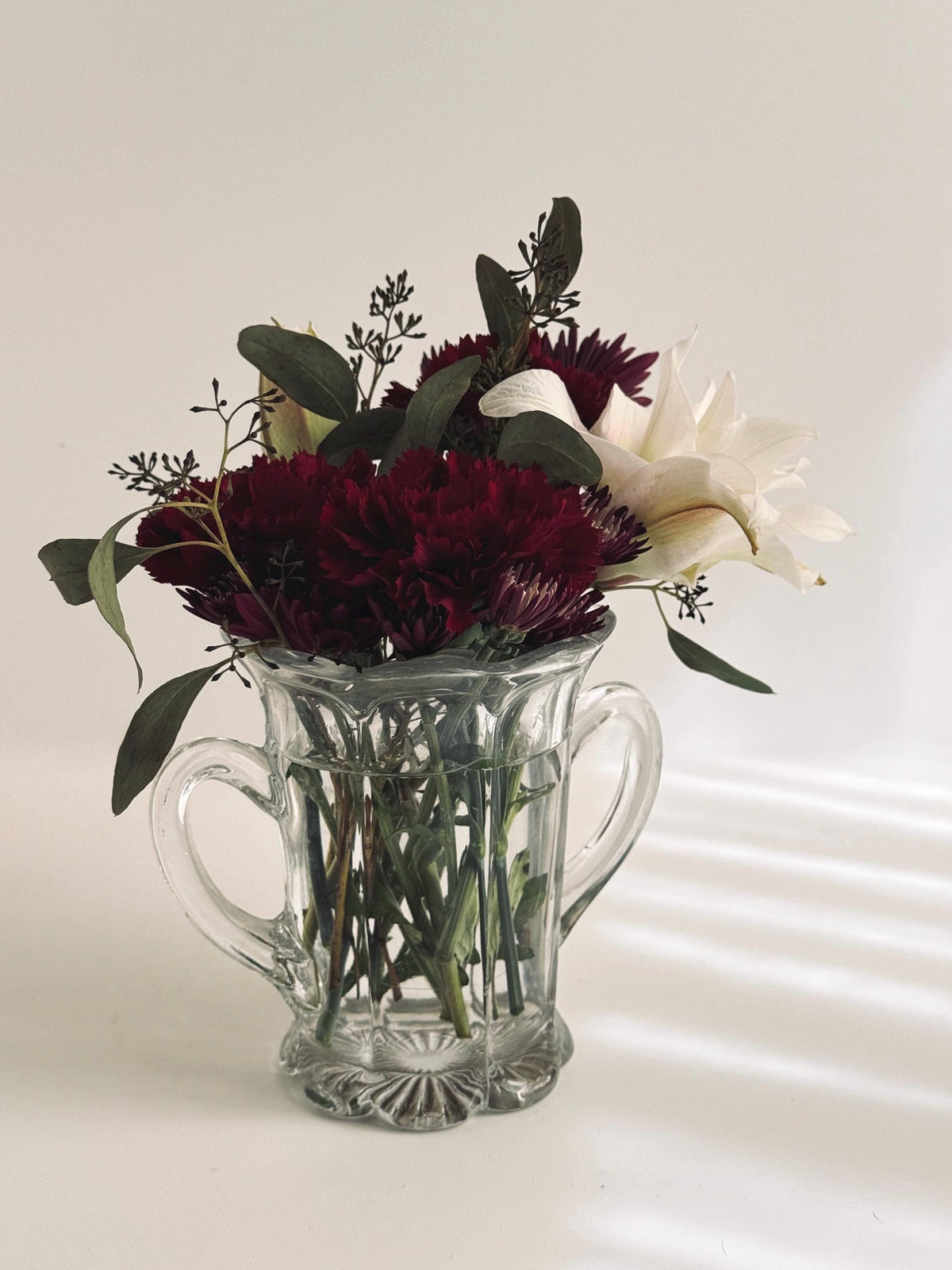Vintage Clear Glass Loving Cup Vase, Double Handle, Scalloped Rim, Sunburst Base