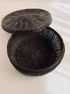 Dark Woven Round Lidded Basket, Bohemian Home Decor, Vintage Sewing Storage