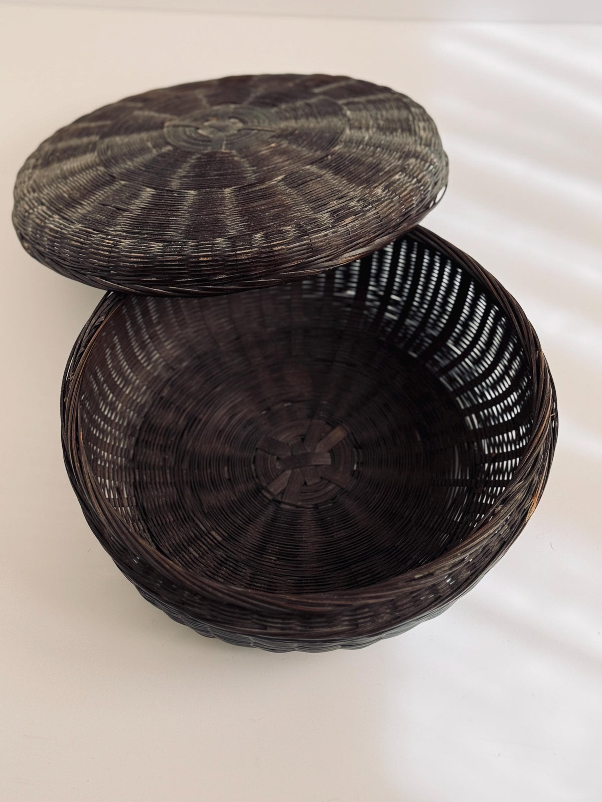 Dark Woven Round Lidded Basket, Bohemian Home Decor, Vintage Sewing Storage