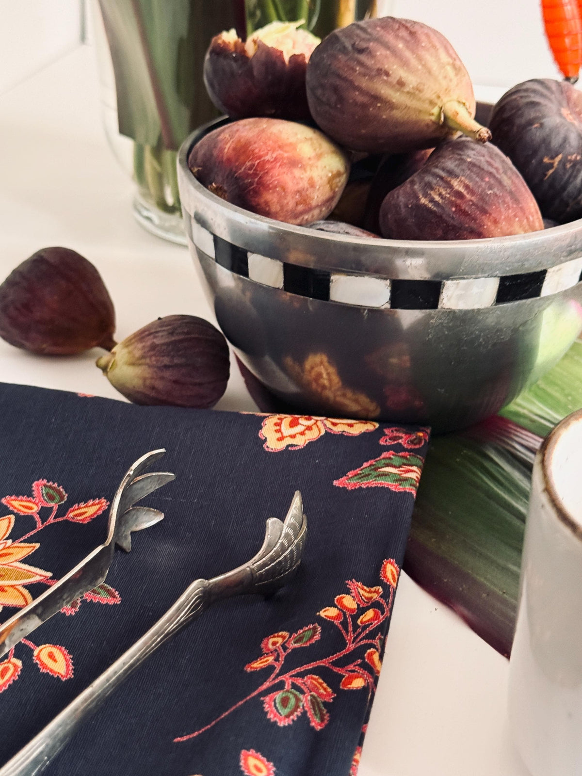 Vintage Floral Cotton Napkins, Navy Orange Green Botanical Table Linens Set of 4