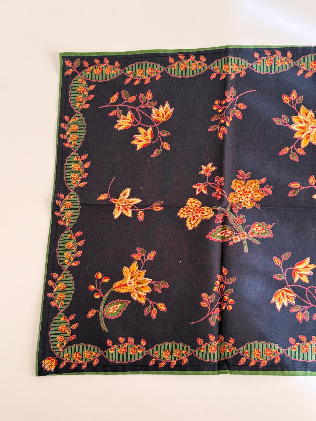 Vintage Floral Cotton Napkins, Navy Orange Green Botanical Table Linens Set of 4