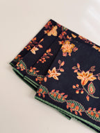 Vintage Floral Cotton Napkins, Navy Orange Green Botanical Table Linens Set of 4