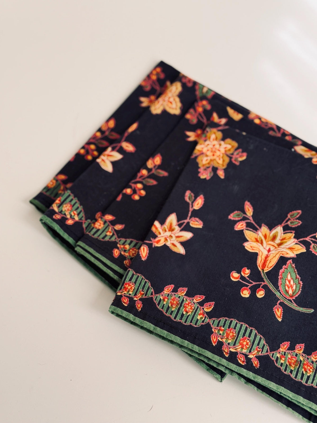 Vintage Floral Cotton Napkins, Navy Orange Green Botanical Table Linens Set of 4