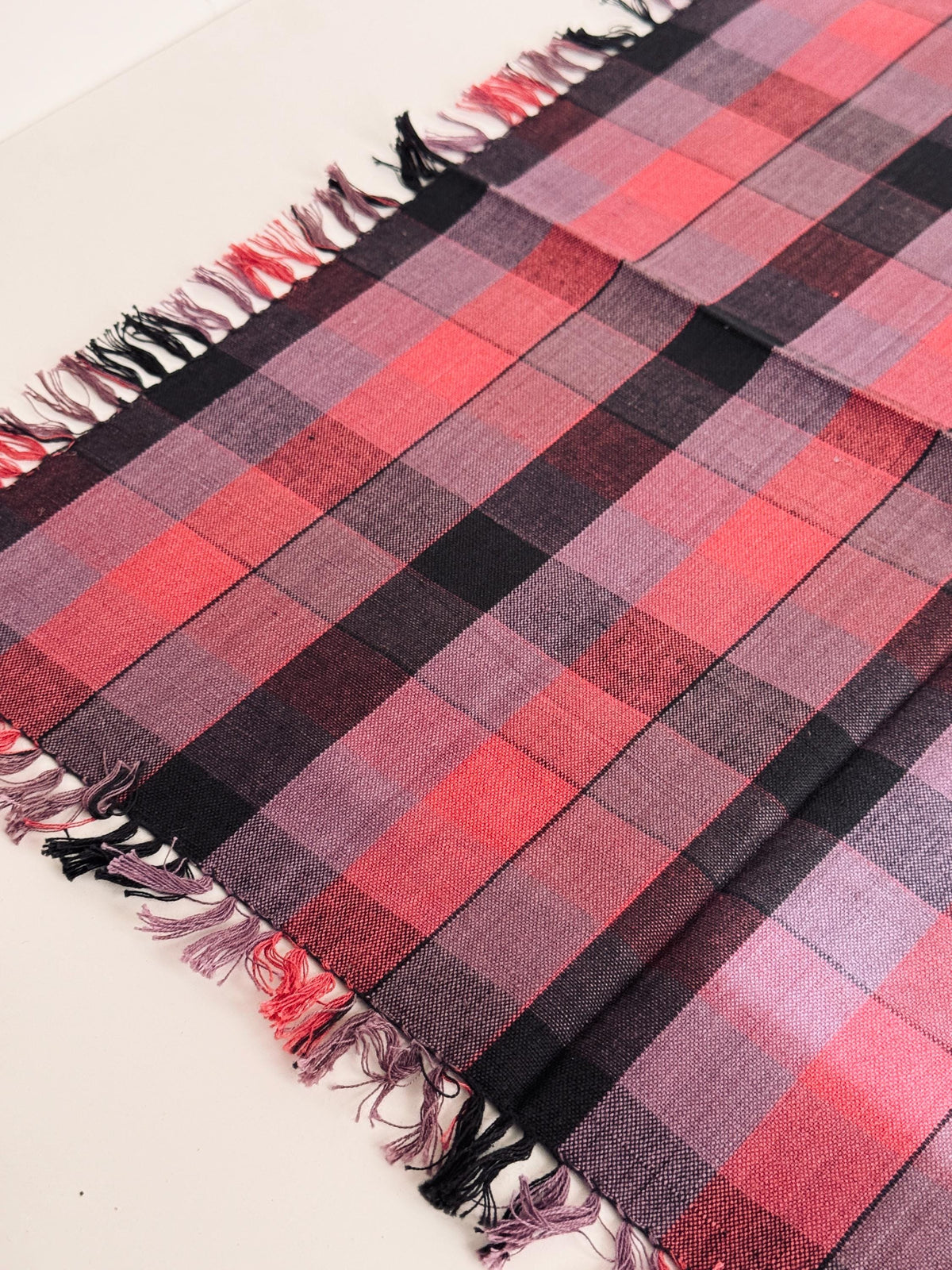Vintage Plaid Cloth Napkins, Pink Plum and Black Fringed Table Linens, Set of 8