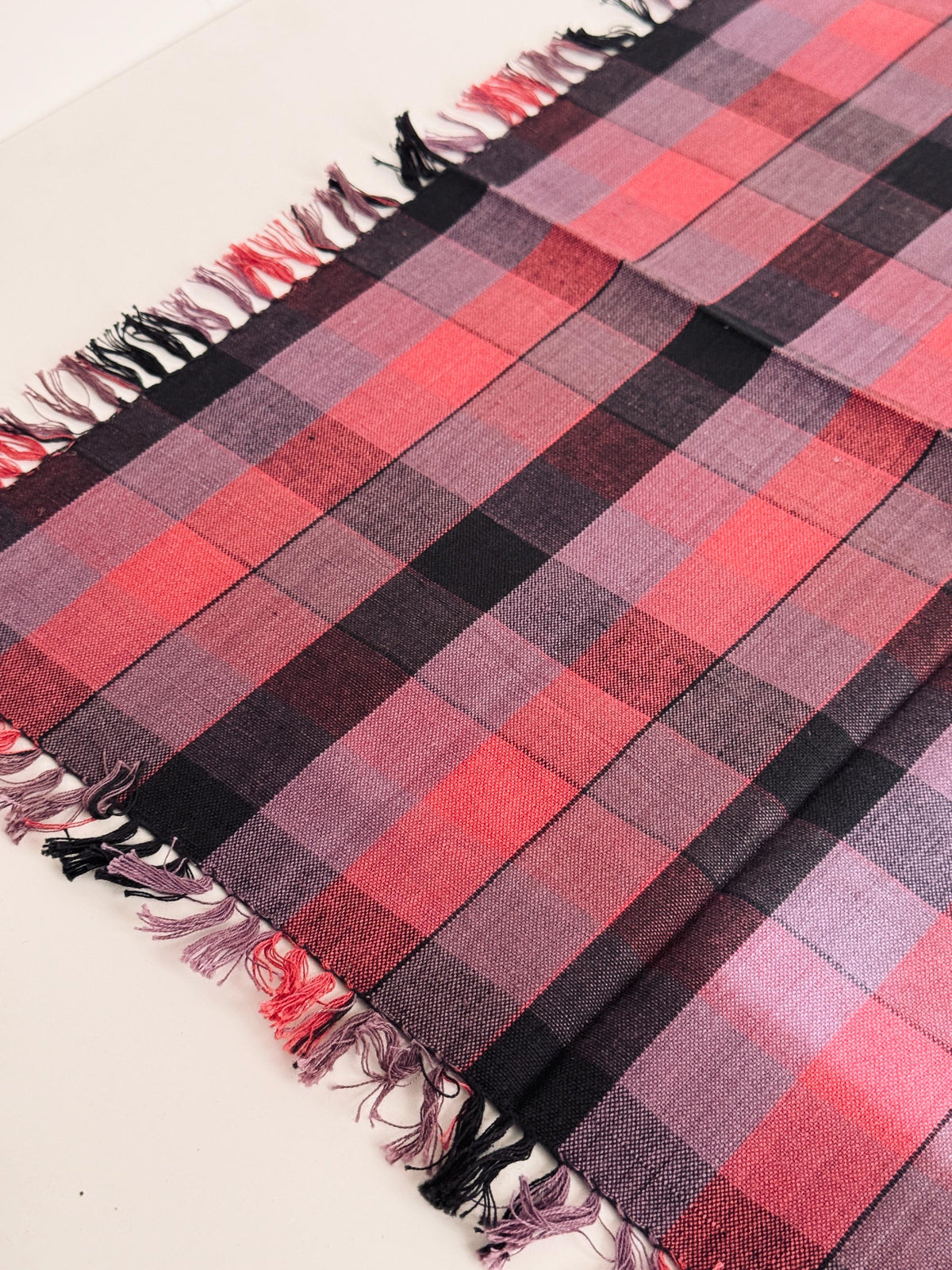 Vintage Plaid Cloth Napkins, Pink Plum and Black Fringed Table Linens, Set of 8