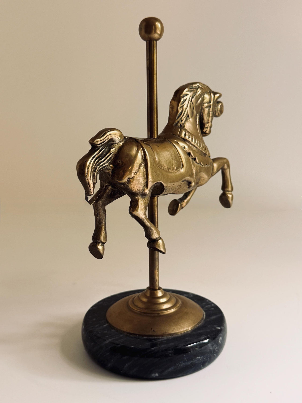 Vintage Solid Brass Carousel Horse on Marble Base, Equestrian Decor